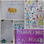 Kolaż ręcznie robionych okładek książek. Tytuły to: Jak zrobić idealnego Kebaba, Rodzina Dinozaurów, Ciekawostki O Gęsiarzu i Pamiętnik Catnary. Na okładkach znajdują się kolorowe ilustracje, na których znajdują się dinozaury, kebab i fantazyjne postacie.