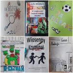 Kolaż sześciu kolorowych okładek książek, każda z unikalnymi ilustracjami i tytułami. Okładki zawierają różne tematy, w tym tajemnicę, magiczne światy, sport i humor, z kreatywną typografią i zabawnymi grafikami.