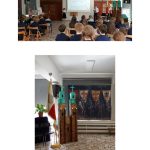 Na dwóch zdjęciach widać uczniów siedzących w szkolnej auli i uczestniczących w prezentacji, z przodu widoczny jest model wież kościelnych.