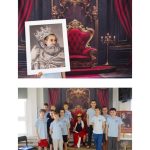 Grupa chłopców i dorosły pozują na tle tronu; na innym zdjęciu widać osobę trzymającą portret koronowanego króla na tle tego samego tła.