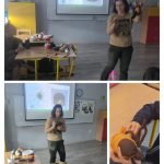 Nauczyciel pokazuje dzieciom pluszowe zwierzęta w klasie, a na tablicy wyświetlane są slajdy edukacyjne.