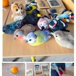 Pluszowe ptaki i drewniane stemple na stole, poniżej mniejsze zdjęcia z pomarańczą i pracującymi dłońmi.