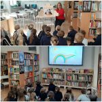 Dzieci oglądają sesję opowiadania historii oraz prezentację cyfrową w bibliotece klasowej.
