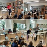 Dzieci obserwują kobietę wykonującą eksperymenty naukowe w klasie i bibliotece.