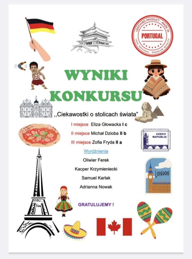 Kolorowy plakat z flagami, zabytkami i nazwami zwycięzców konkursu na stolice świata w języku polskim.