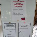 Tablica z instrukcjami i dwiema kartami do głosowania na temat projektu budżetu partycypacyjnego szkoły, napisanymi w języku polskim.