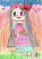 Rysunek dziecka przedstawiający uśmiechniętą kobietę z długimi włosami, różową sukienką i kwiatami, stojącą na kolorowym polu.