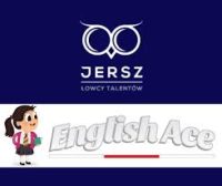 Logo z ikoną sowy, JERSZ Lowcy Talentów i English Ace obok kreskówkowej uczennicy.