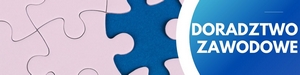 Niebieski element układanki pasujący do różowej układanki, z tekstem DORADZTWO ZAWODOWE na niebieskim kółku.