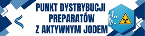 Baner z polskim tekstem o dystrybucji aktywnego jodu, zawierający symbol ostrzeżenia przed promieniowaniem i niebieskie kształty geometryczne.