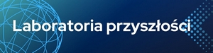 Biały tekst Laboratoria przyszłości na niebieskim tle z abstrakcyjnymi wzorami okrągłych linii.