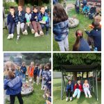 Dzieci siedzą na huśtawkach i zbierają się wokół ogniska na świeżym powietrzu, piekąc jedzenie i ciesząc się grupowymi aktywnościami.