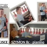 Kolaż przedstawiający Szymona zdobywającego pierwsze miejsce w konkursie talentów, grającego na pianinie i odbierającego trofeum.