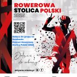 Plakat Rowerowa Stolica Polski 2025 z ilustracją rowerzysty, logotypami i kodem QR zawierającym więcej informacji.