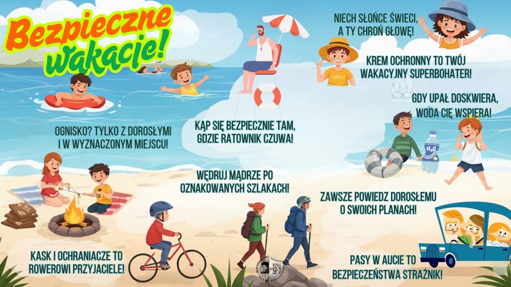 Dzieci i rodziny cieszące się letnimi zajęciami ze wskazówkami bezpieczeństwa zilustrowanymi w słonecznej, zabawnej scenie na plaży.