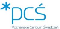 Niebieskie logo z tekstem: *PCŚ Poznańskie Centrum Świadczeń na białym tle.