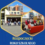 Uczniowie stoją przed budynkiem szkoły i czytają książki w klasie. Tekst: Rozpoczęcie roku szkolnego.