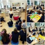 Dzieci siedzą na podłodze, słuchając nauczyciela i wykonują rękodzieło przy stolikach w jasnej, kolorowej klasie.