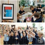 Grupa uczniów wykonuje rękodzieła i trzyma je w klasie i bibliotece; plakat wydarzenia na sztalugach.