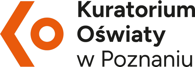 Logo z pomarańczowym symbolem i napisem Kuratorium Oświaty w Poznaniu w kolorze czarnym.