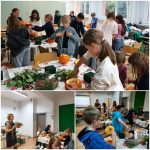 Dzieci wspólnie rzeźbią i dekorują dynie w klasie pod kierunkiem dorosłego instruktora.