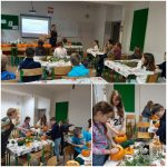 Dzieci w klasach rzeźbią dynie i wykonują rękodzieło pod kierunkiem nauczycieli przy udekorowanych stołach.