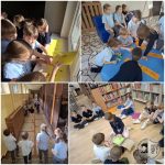 Dzieci w szkolnych mundurkach współpracują przy zajęciach, chodzą po korytarzach i siedzą w bibliotece w grupach.