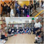 Kolaż dzieci w szkole: bawiących się na korytarzach, stojących przy szafkach i czytających z nauczycielem w bibliotece.