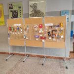 Tablica w korytarzu pokazuje różne puste opakowania po przekąskach uporządkowane według rodzaju i klasy.