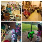 Dzieci na wycieczce szkolnej: gotowanie, słuchanie wykładów, oglądanie pokazów i zabawy na świeżym powietrzu w grupach.