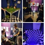 Cztery zdjęcia dzieci odkrywających iluzje i eksponaty naukowe w praktycznym muzeum z pokazami personelu.