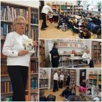 Kolaż przedstawiający kobietę czytającą i rozmawiającą z dziećmi w bibliotece wypełnionej półkami z książkami.