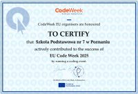 Certyfikat przyznany Szkole Podstawowej nr 7 w Poznaniu za wkład w EU Code Week 2025.