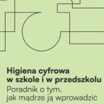 Abstrakcyjne geometryczne linie i polski tekst o higienie cyfrowej w szkołach na jasnozielonym tle.