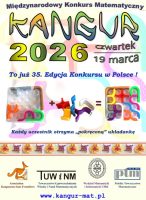Plakat konkursu matematycznego Kangur 2026 w Polsce, zawierający łamigłówki i szczegóły wydarzenia.