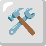 Ikona niebieskiego klucza i niebieskiego młotka skrzyżowanych na jasnoszarym kwadratowym tle.