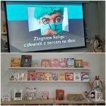 Sala lekcyjna z ekranem o Zbigniewie Relidze i półkami z książkami dla dzieci o ludzkim ciele.