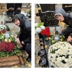 Dwie osoby w kurtkach z kapturami odwiedzające i pielęgnujące groby na cmentarzu w deszczowy dzień.