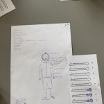 Odręcznie narysowana postać i odręczne notatki na białym papierze, otoczone zadrukowanymi kartkami na szarym stole.