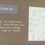 Slajd w języku polskim prosi o skupienie się na emocjach i obserwowanie doznań cielesnych; koło uczuć jest pokazane po prawej stronie.
