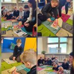 Dzieci uczą się o higienie jamy ustnej, korzystając z modeli zębów i szczoteczek do zębów w kolorowej sali lekcyjnej.