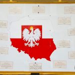 Mapa Polski z białym orłem w koronie w centrum, otoczona odręcznymi notatkami na białych kartach.
