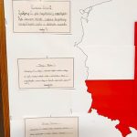 Tablica z odręcznymi notatkami i mapą Polski częściowo pokolorowaną na czerwono po prawej stronie.