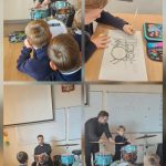 Mężczyzna demonstruje perkusję młodym uczniom, jedno dziecko szkicuje zestaw perkusyjny w klasie.