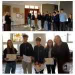 Góra: Uczniowie stoją w kolejce podczas ceremonii. Dół: Czterech uczniów i dorosły trzymają certyfikaty i uśmiechają się.