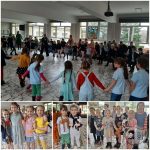 Dzieci trzymające się za ręce w dużym kole, z mniejszymi grupowymi zdjęciami uśmiechniętych dzieci trzymających rękodzieła poniżej.