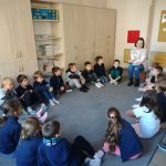 Dzieci i nauczyciel siedzą w kręgu na podłodze w klasie, zaangażowani w zajęcia grupowe.