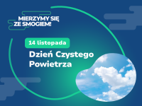 Niebieska grafika z polskim tekstem informującym o Dniu Czystego Powietrza 14 listopada i zdjęciem białych chmur na niebie.