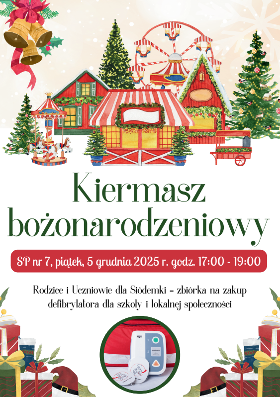 Ilustracja jarmarku bożonarodzeniowego ze świątecznymi straganami, choinkami, prezentami i szczegółami wydarzenia w polskim tekście.