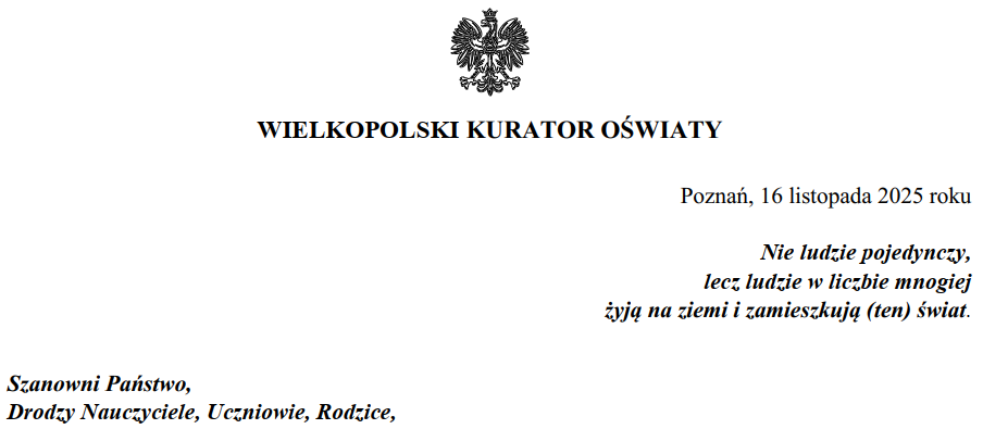 Oficjalny papier firmowy Wielkopolskiego Kuratora Oświaty z 16 listopada 2025 r. z polskim cytatem.